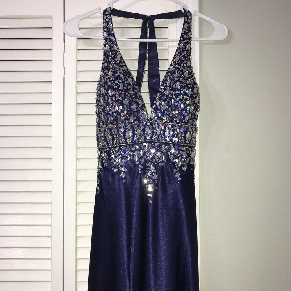 Navy Satin bedazzled prom Dress